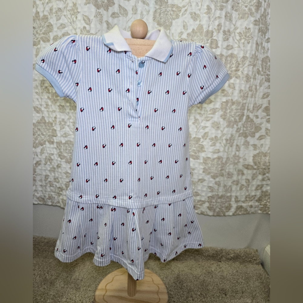 Tommy Hilfiger Light Blue & White Striped Polo Dress with Red Heart Motif